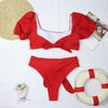 Bikini New 2 Piece Women Swimsuit Women's High Waist Bikini Set Fashion Puff Sleeve Swimwear Set Bathing Suits Solid Color Short Puff Sleeve Summer High Waist Cut Backless Bathing Suit Beachwear by Stevvex