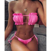 Bikini Pleated Swimsuit Female Swimwear Women's Ruffle Tie Side Bikini Set High Cut Strapless Padded Solid Bathing Suit Women Mini Thong Bikini Set Bather Swimming Beachwear For Bathing Suit by Stevvex