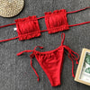 Bikini Pleated Swimsuit Female Swimwear Women's Ruffle Tie Side Bikini Set High Cut Strapless Padded Solid Bathing Suit Women Mini Thong Bikini Set Bather Swimming Beachwear For Bathing Suit by Stevvex