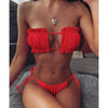 Bikini Pleated Swimsuit Female Swimwear Women's Ruffle Tie Side Bikini Set High Cut Strapless Padded Solid Bathing Suit Women Mini Thong Bikini Set Bather Swimming Beachwear For Bathing Suit by Stevvex