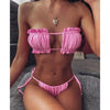 Bikini Pleated Swimsuit Female Swimwear Women's Ruffle Tie Side Bikini Set High Cut Strapless Padded Solid Bathing Suit Women Mini Thong Bikini Set Bather Swimming Beachwear For Bathing Suit by Stevvex
