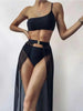 Black Mesh Bikini Cover Up Set Women Bathing Outfits Adults Solid Color One Shoulder Bikini Top Mesh See Through Crochet Off Shoulder Crop Tops 2 Piece Bikini Swimsuit Cover-ups Beach Summer Outfits by Stevvex