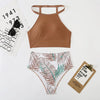 Brown Leaf Print High Waist Bikini Set 2 Piece Summer Padded Push Up High Waist Bikini Swimsuit Swimwear Swimsuit Women High Neck Two Pieces Swimwear Female Sports Bathing Suit by Stevvex