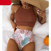 Brown Leaf Print High Waist Bikini Set 2 Piece Summer Padded Push Up High Waist Bikini Swimsuit Swimwear Swimsuit Women High Neck Two Pieces Swimwear Female Sports Bathing Suit by Stevvex