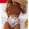 Brown Leaf Print High Waist Bikini Set 2 Piece Summer Padded Push Up High Waist Bikini Swimsuit Swimwear Swimsuit Women High Neck Two Pieces Swimwear Female Sports Bathing Suit by Stevvex