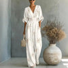 Women's Waist-Cinched V-Neck Printed Wide-Leg Jumpsuit by FitiqueFit