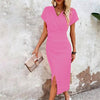 Split V-Neck Bodycon Dress – Slim Fit Short Sleeve Slit Dress by FitiqueFit