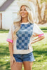 Dusk Blue Checkered Denim Patchwork Short Sleeve Loose Top by Wild and Free Boutique