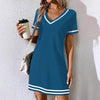 Women's Contrast-Color V-Neck A-Line Dress – Short Sleeve, Elegant, Mid-Rise by FitiqueFit