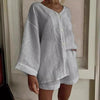 Women's Cotton Linen Shirt & Shorts Set – Long Sleeve, Button, Casual 2-Piece by FitiqueFit