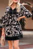 Black 3/4 Sleeve Botanical Print Split Neck Loose Mini Dress by Wild and Free Boutique