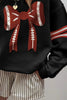 Black Varsity Baseball Bow Graphic Striped Sleeve Baggy Sweatshirt by Wild and Free Boutique