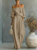 Women's Off-Shoulder Long-Sleeve Top & Wide-Leg Pants Two-Piece Set by FitiqueFit