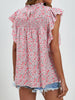Ruffled Ditsy Floral Mock Neck Cap Sleeve Blouse