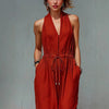 Women's Sleeveless Halter Neck Solid Color Long Jumpsuit by FitiqueFit
