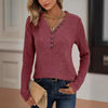 Women's Solid Color Button V-Neck Long Sleeve Knit Top by FitiqueFit