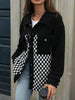 Black Checkered Snap Down Long Sleeve Jacket Stylish & Functional Buttoned Outerwear by Stevvex