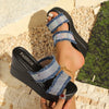 Raw Hem Rhinestone Open Toe Wedge Sandals