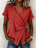 Women's Casual Lapel Collar Lace-Up Short-Sleeve Linen Top by FitiqueFit