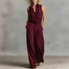Women’s Linen Blend Two-Piece Set – Sleeveless Shirt & Wide-Leg Pants by FitiqueFit