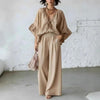 Women's Loose-Fit V-Neck Top & Wide-Leg Pants Two-Piece Set by FitiqueFit