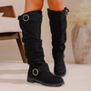 Pleated Flat-Bottom Western Cowboy Boots with Belt Buckle by FitiqueFit