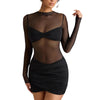 Round Neck Long Sleeve Mesh Stitching Dress