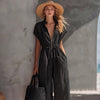 Retro Resort V-Neck Jumpsuit – Drop Shoulder, Loose Fit by FitiqueFit