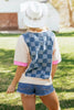 Dusk Blue Checkered Denim Patchwork Short Sleeve Loose Top by Wild and Free Boutique