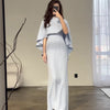 Light Blue Satin Bat Shawl Waist-controlled Long Sleeves Dress