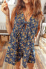 Blue Retro Floral Print Bow Tie V Neck Sleeveless Pleated Loose Denim Romper by Wild and Free Boutique