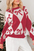 Red Bow Print 2-tone Rhombus Knit Loose Sweater by Wild and Free Boutique
