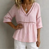 Women's V-Neck Hollow-Out Fringe Cotton-Linen Top by FitiqueFit
