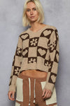 POL V-Neck Heart Pattern Checkered Sweater