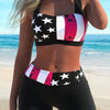 Bikini American Flag Print 2 Piece Criss Cross Halter Swimsuit for Women – High Stretch Patriotic Bikini Set with Ring Knot Back and Boxer Shorts Bottoms – Comfortable Summer Swimwear for Beach Pool and 4th of July Celebrations by Stevvex