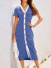 Contrast Striped V-Neck Short Sleeve Midi Dress