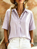 Women's Striped Short-Sleeve Shirt with Turn-Down Collar by FitiqueFit