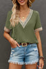 Green Lace Trim V Neck Short Sleeve Blouse by Wild and Free Boutique
