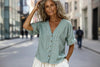 Women's Loose-Fit Faux Linen Embroidered Button-Up Top by FitiqueFit