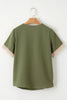 Green Lace Trim V Neck Short Sleeve Blouse by Wild and Free Boutique