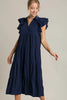 Dark Navy Full Size Ruffle Sleeve Dress Classic Feminine Plus Size Fashion Soft Dress by Stevvex
