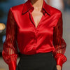 Women’s Satin Lapel Collar Blouse – Sheer Long Sleeve Button-Down Shirt for Office & Spring/Autumn Wear by FitiqueFit