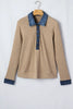 Beige Ribbed Knit Denim Patchwork Button Polo Collar Cuffed Long Sleeve Top by Wild and Free Boutique