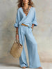 Women's Casual Linen Vacation Set – Three-Quarter Sleeve Top & Full-Length Pants by FitiqueFit