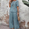 Women’s Button-Up Top and Loose Fit Two Piece Linen Set by FitiqueFit