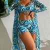 Luxe Lines 3-Piece Geometric Bikini Set for Women – High Rise Drawstring Bikini with Boxer Shorts & Long Sleeve Sheer Kimono Cover-Up – Bold & Breezy Women’s Swimwear for Summer Beach Pool & Getaways by Stevvex