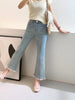 Light Blue Micro-Flare Lace Stretch Jeans for Women by FitiqueFit