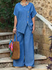 Striped Shirt & Loose Pants Set – Three-Quarter Sleeve Two-Piece by FitiqueFit