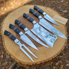6-Piece J2 Steel Kitchen Knife Set — Chef, Cleaver, Santoku, Utility, Paring & Carving Fork with Black Resin Rosewood Handles by JW SteelCrafts