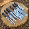 6-Piece J2 Steel Kitchen Knife Set — Chef, Cleaver, Santoku, Utility, Paring & Carving Fork with Black Resin Rosewood Handles by JW SteelCrafts